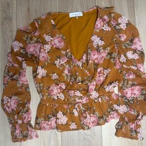 WAYF Floral Peplum Long Sleeve Blouse Floral Roses with lining XS